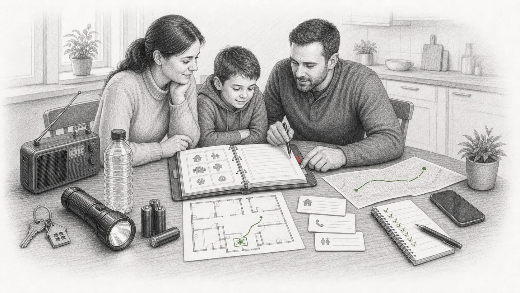 Familie plant ihren persönlichen Notfallplan am Küchentisch