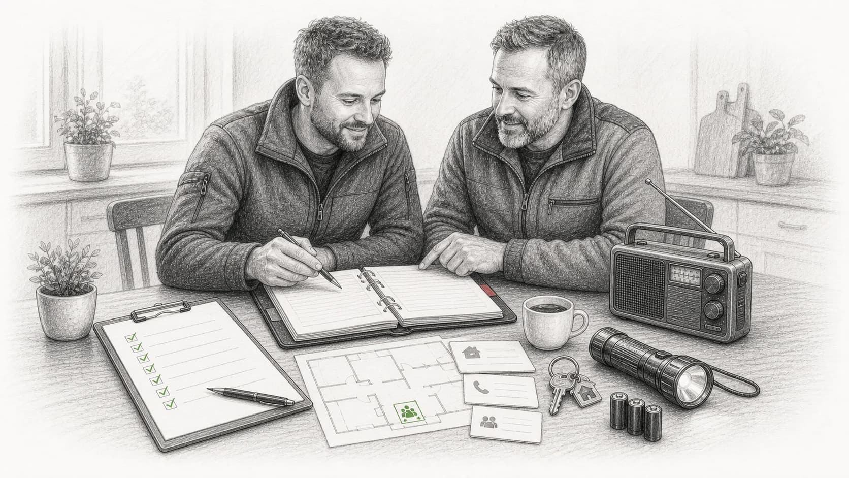 Die Gründer Jonas und Tobias planen Krisenvorsorge am Tisch